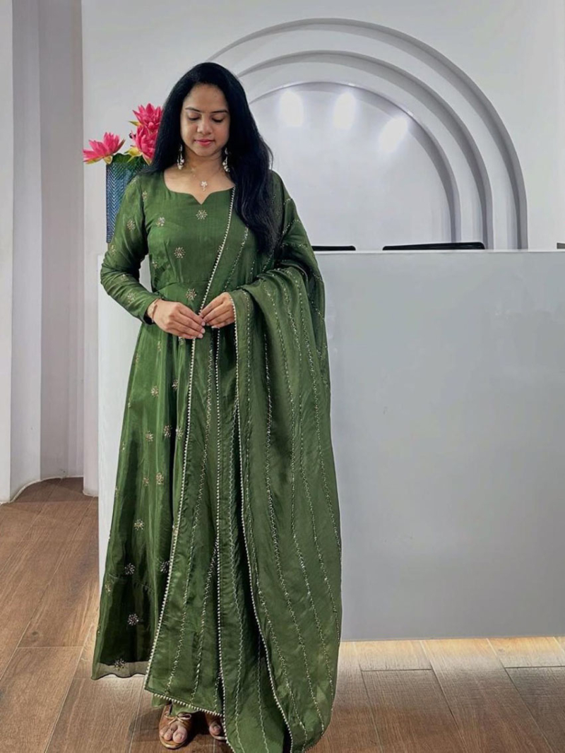 Traditional Festive Olive Green Chinnon Silk Anarkali Suit