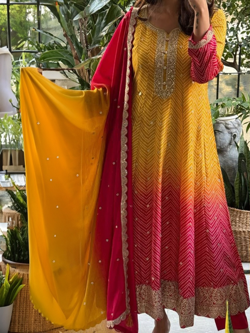 Elegant Traditional Ombre Yellow & Red Anarkali Suit 