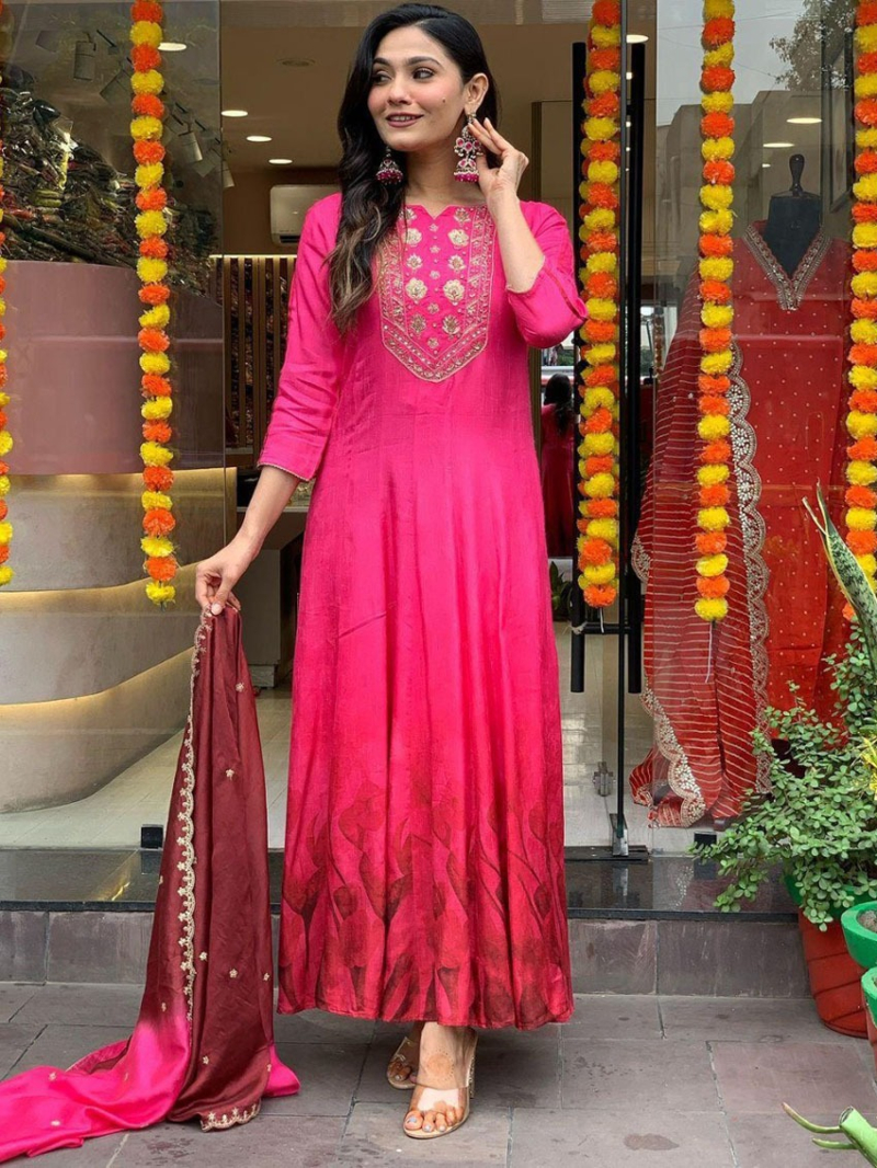 Elegant Traditional Rani Pink Chinnon Silk Anarkali Suit