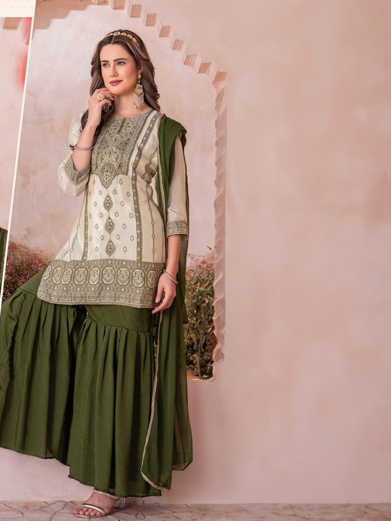Traditional Elegant  Mehandi Green Sharara Suit