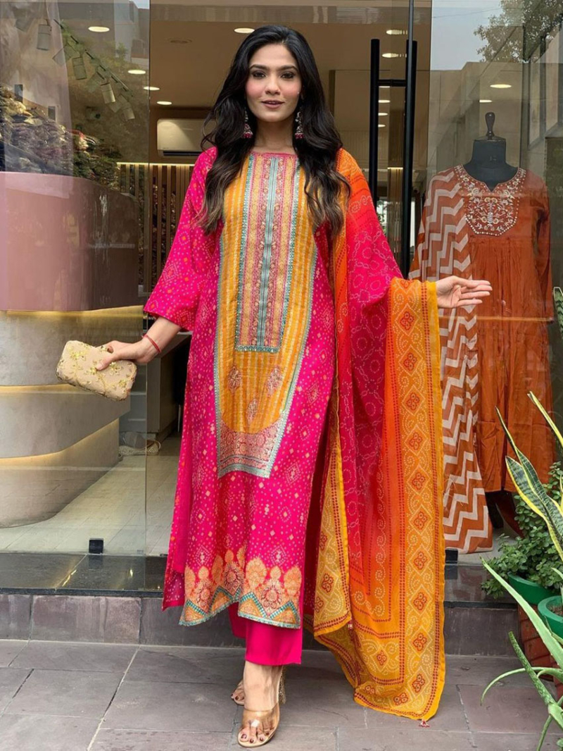Elegant Festive Rani Pink & Mustard Modal Satin Straight Suit
