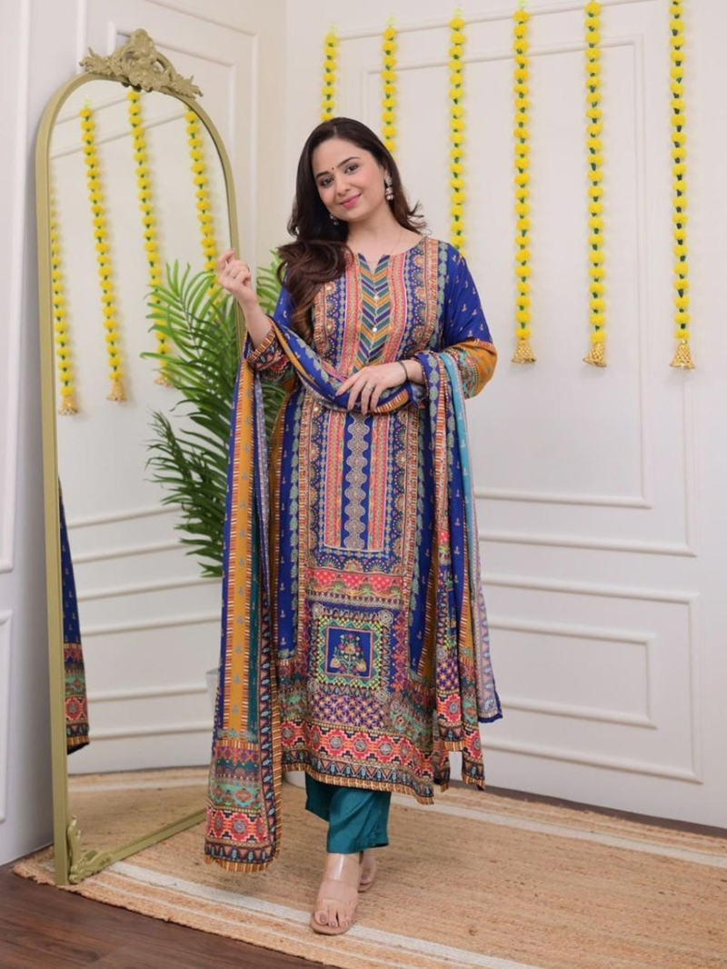 Elegant Multicolor Maslin Silk Sequin Straight Suit