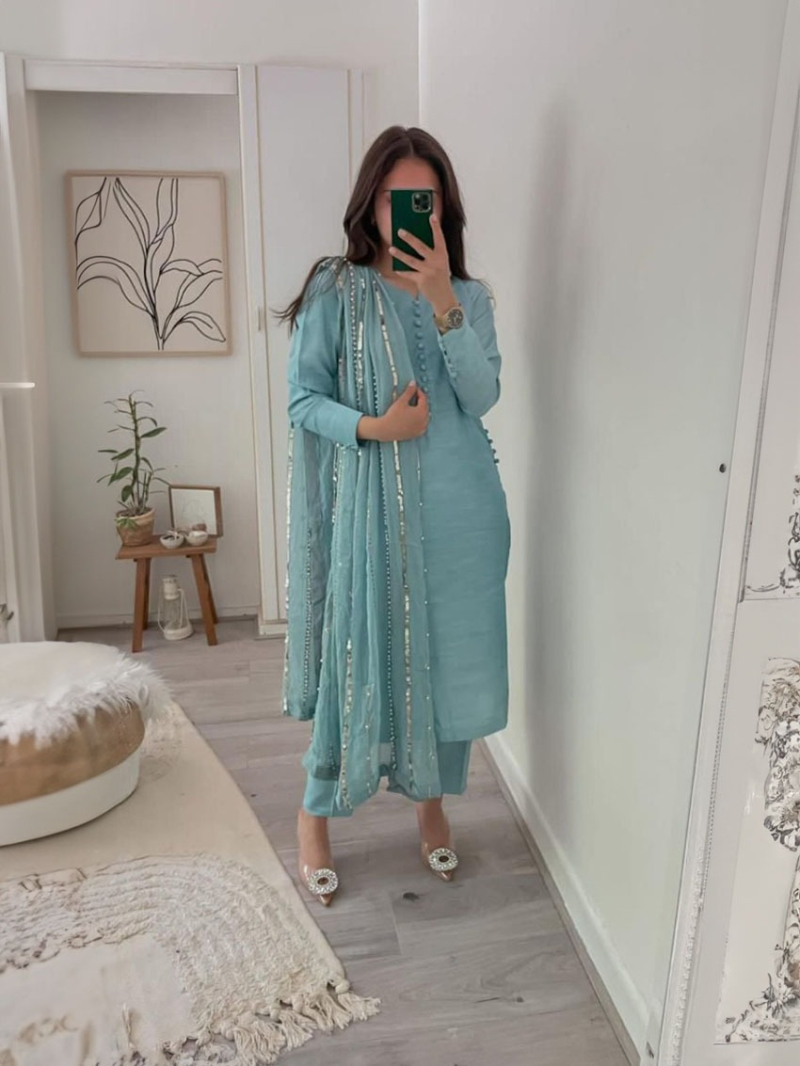 Elegant Traditional Light Blue Georgette Straight Suit
