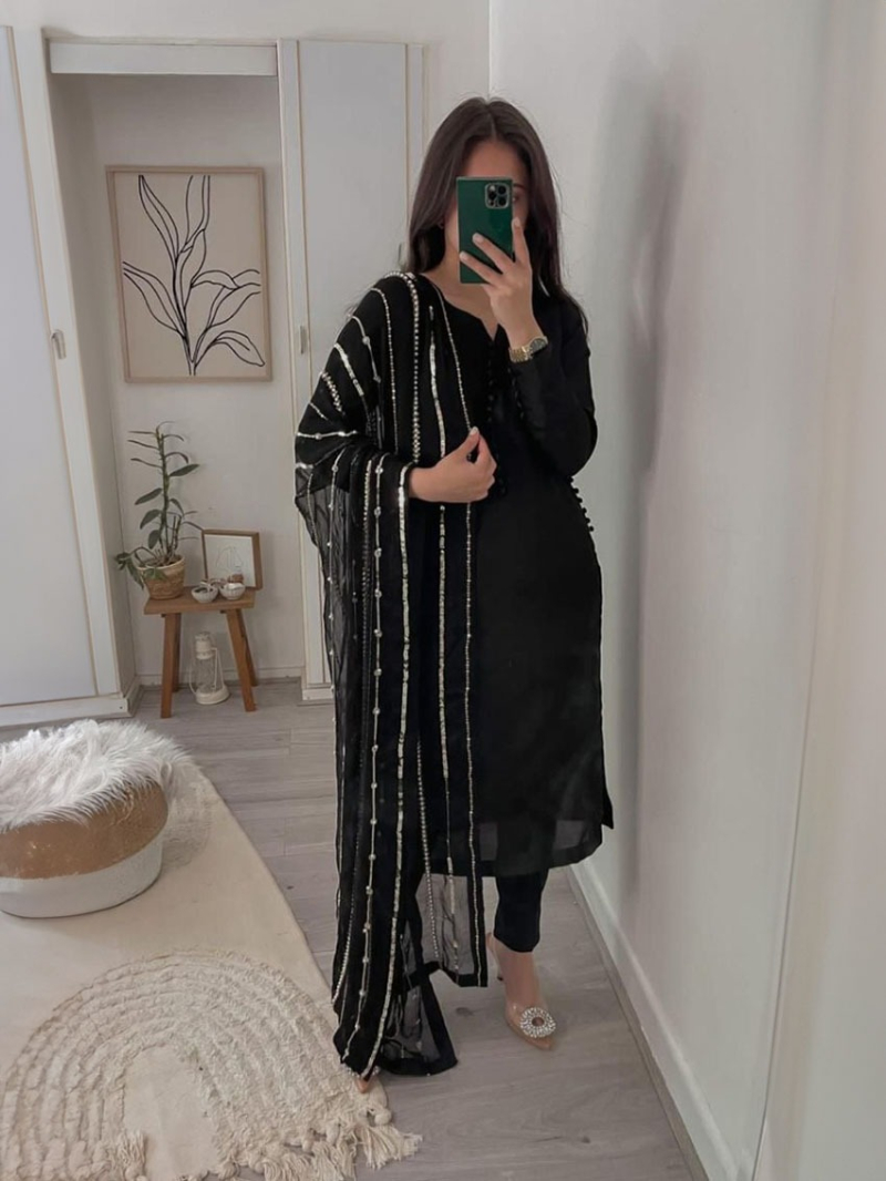 Traditional Festive Black Georgette Straight Suit
