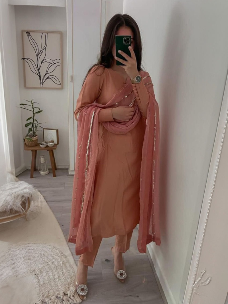 Traditional Casual Peach Georgette Straight Suit
