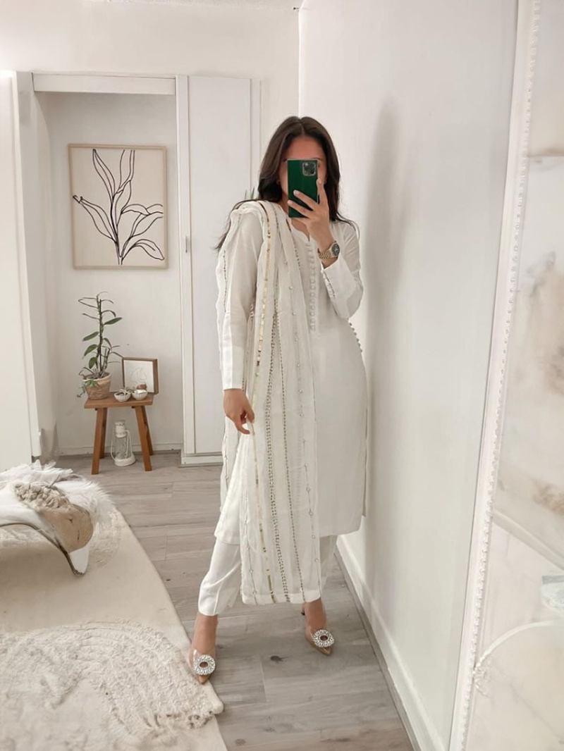 Festive Traditional White Georgette Straight Suit