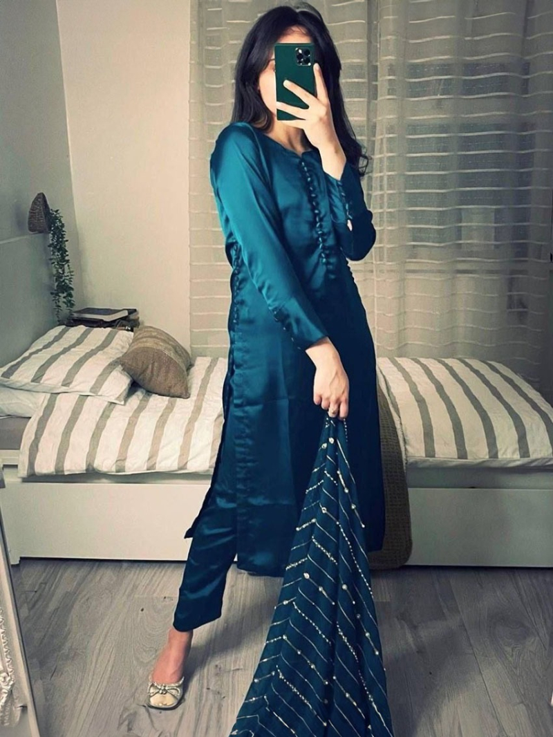 Traditional Festive Teal Blue Georgette Straight Suit