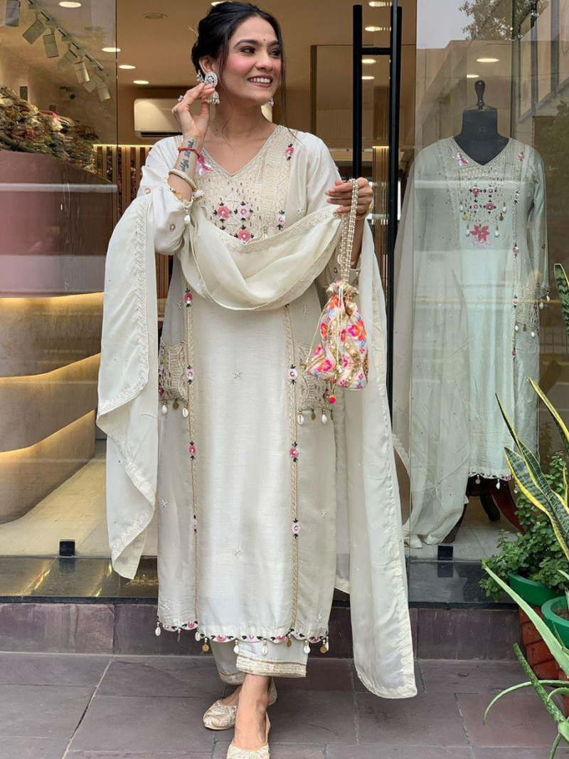 Ethnic Elegant  Festive Off-White Pure Roman Silk Straight Suit