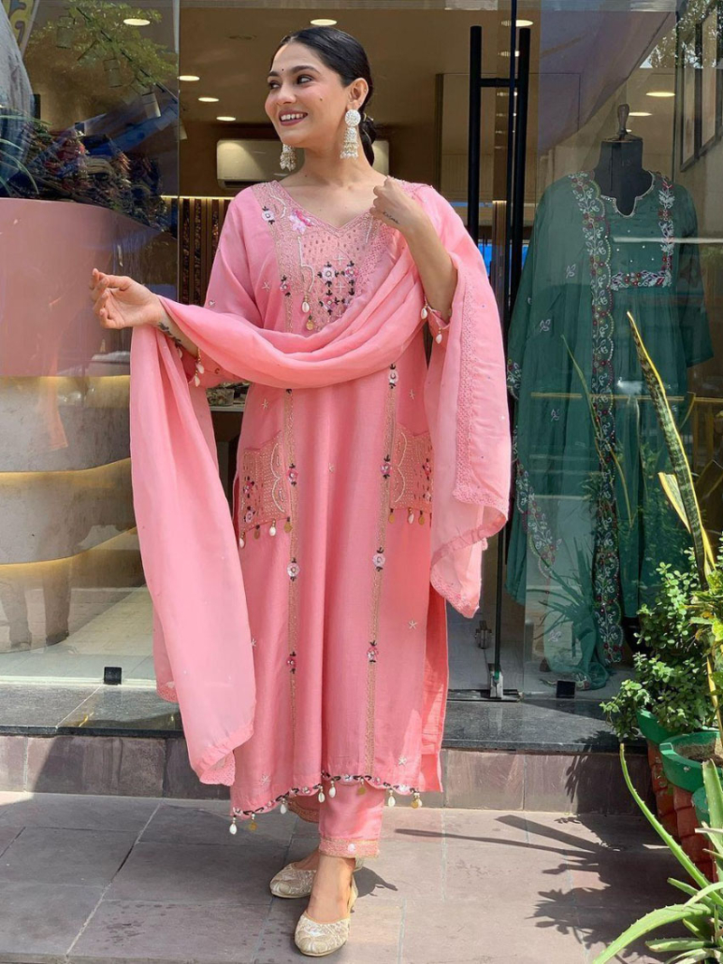Ethnic Festive Traditional Blush Pink Pure Roman Silk Straight Suit