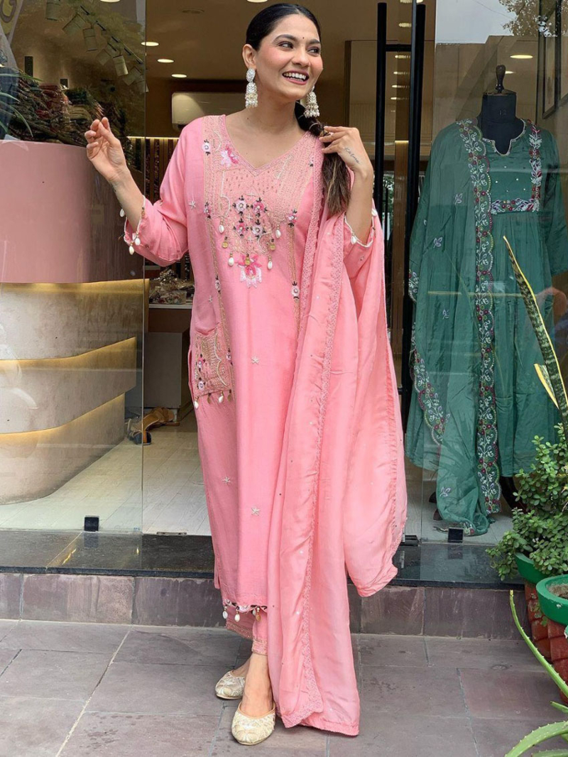 Elegant Traditional Pink Roman Silk Straight Suit