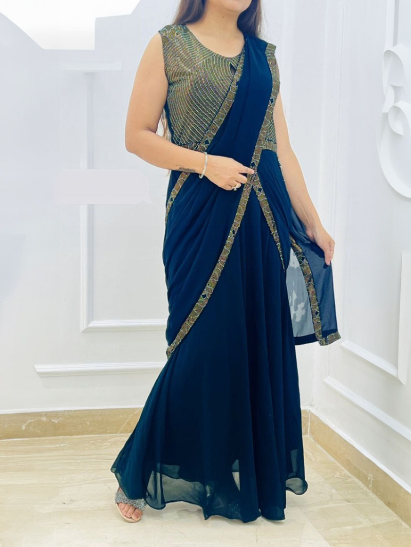Elegant  Party Wear Teal Blue Saree