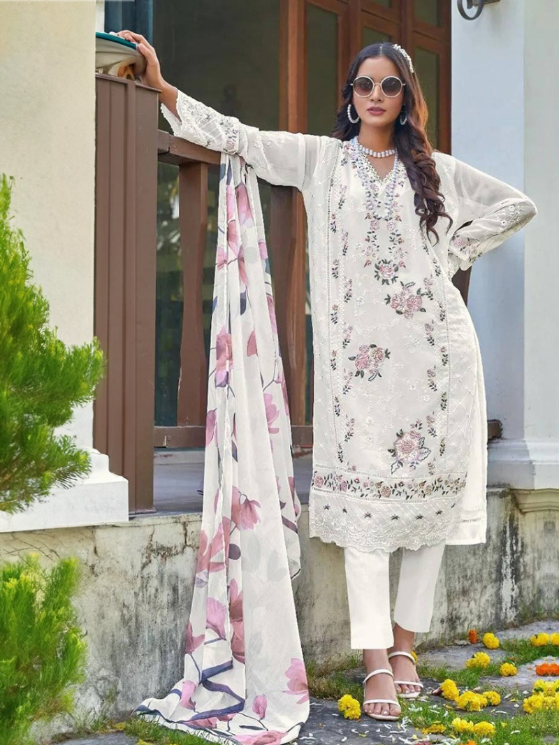 Traditional Elegant White Georgette Straight Suit