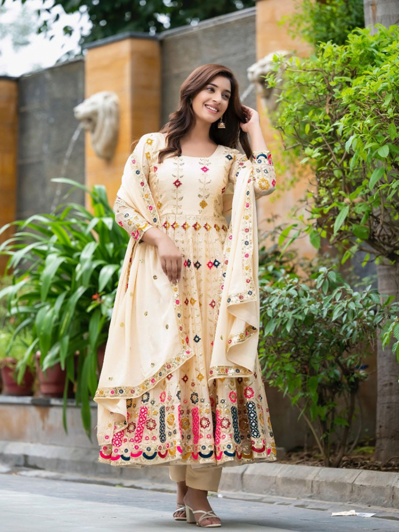 Festive Elegant Cream Pure Chinnon Silk Anarkali Suit