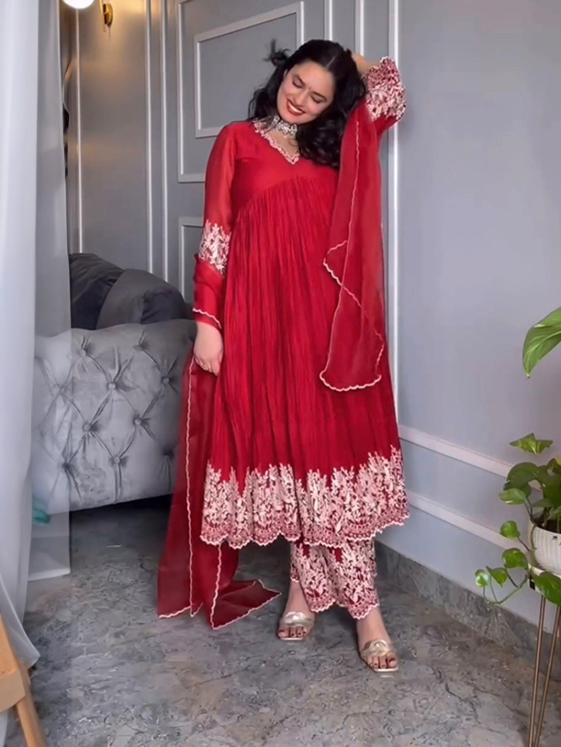 Elegant Traditional Deep Red Chinnon Silk Plazo Suit