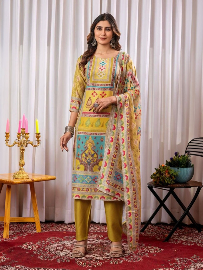 Traditional Festive Maslin  Silk Printed Straight Suit