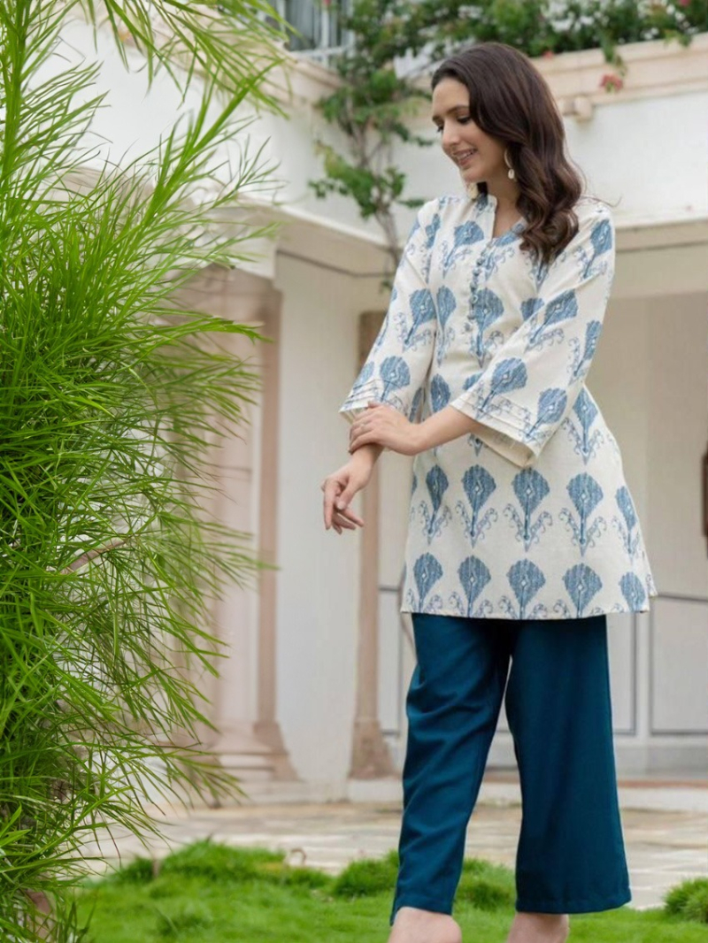 Casual Festive Navy Blue Twill Rayon Kurti Plazo Set