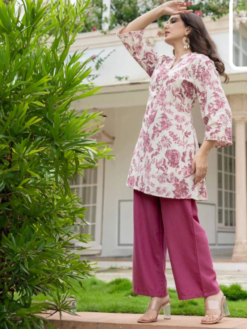Elegant Casual Festive Twill Rayon Kurti Plazo Set