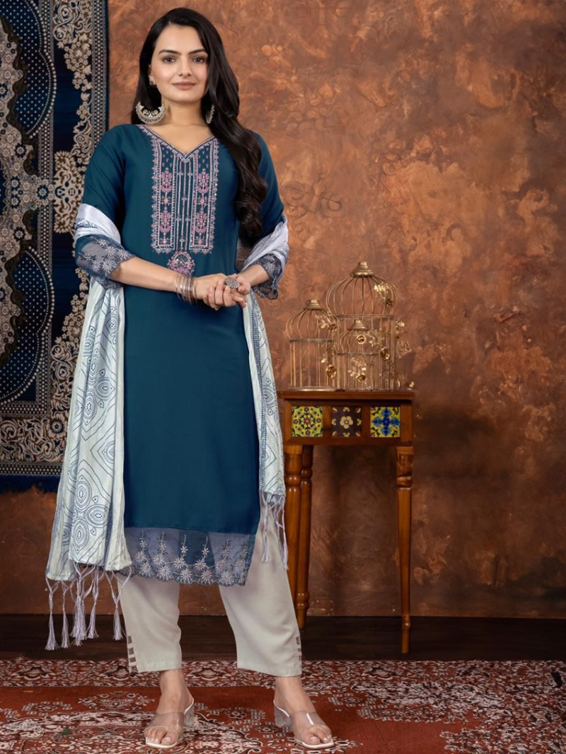 Elegant Traditional Navy Blue Kurti Pant Straight Suit