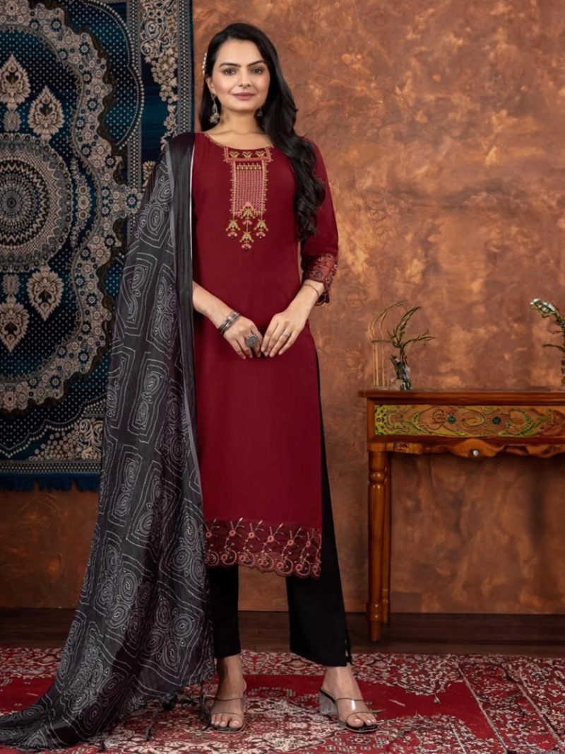 Casual Traditional Festive Maroon Kurti Pant Straight Suit
