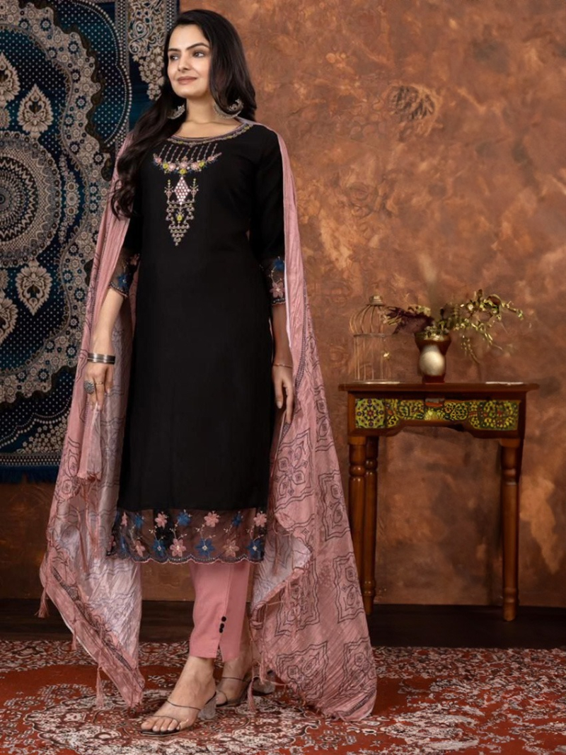 Traditional Festive Dark Brown Kurti Pant Straight Suit