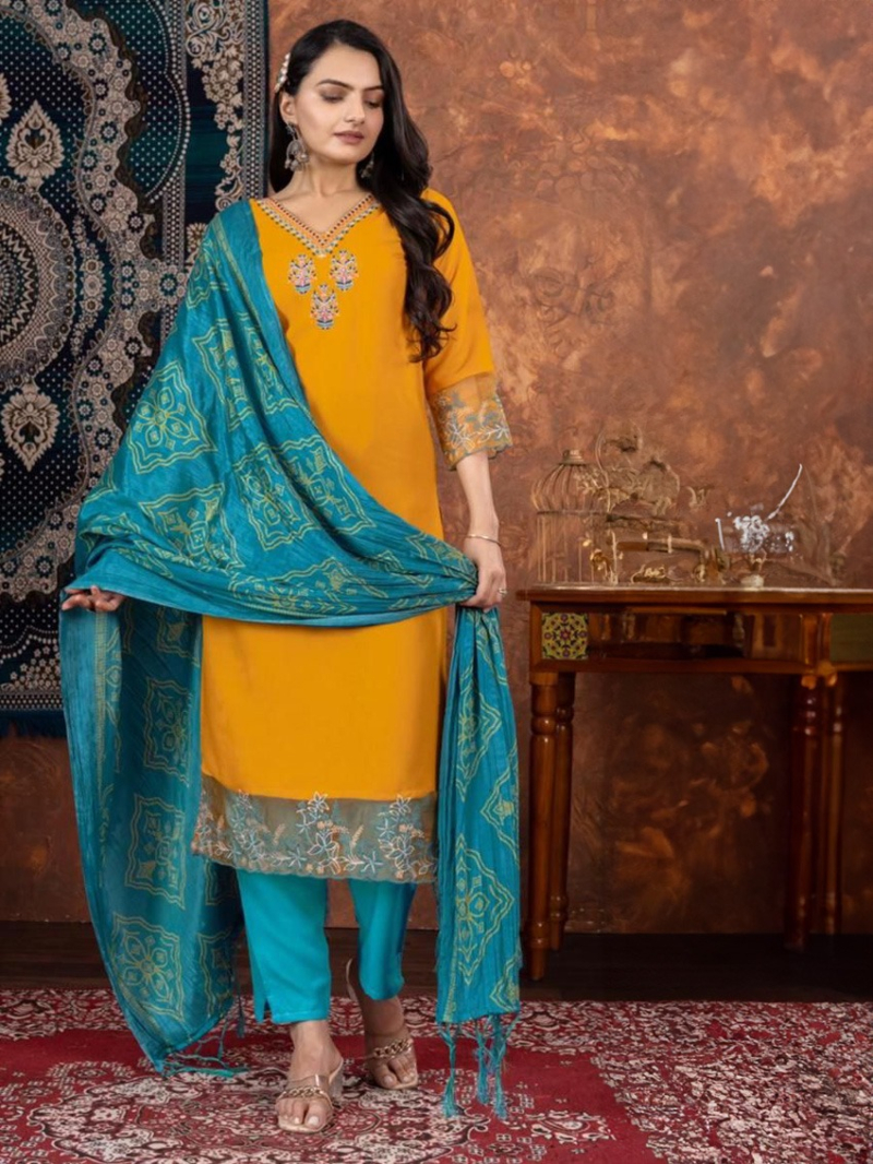 Elegant Traditional Yellow Kurti Pant Straight Suit