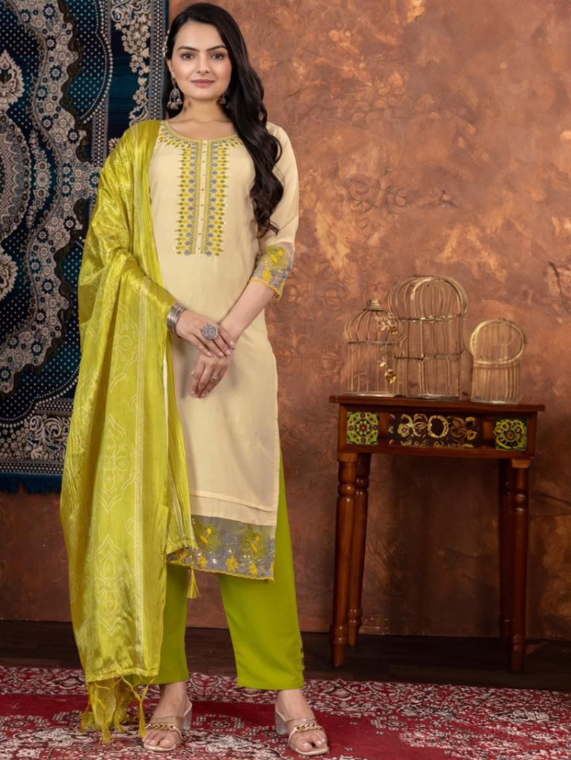 Casual Festive Cream Kurti Pant Straight Suit