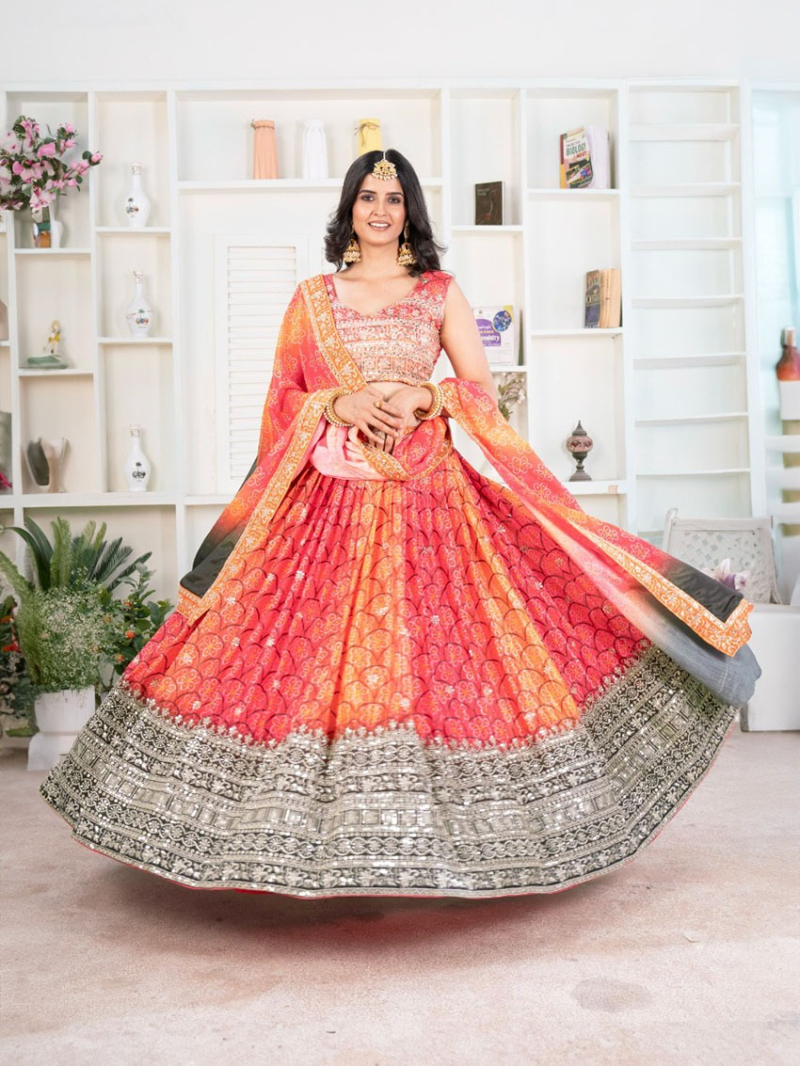 Authentic Ethnic Bright Orange-Pink Chinnon Silk Lehanga Suit