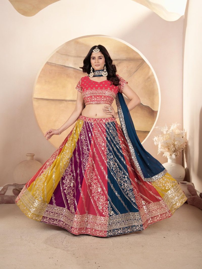 Elegant Festive Multicolor Faux Georgette Lehanga Suit