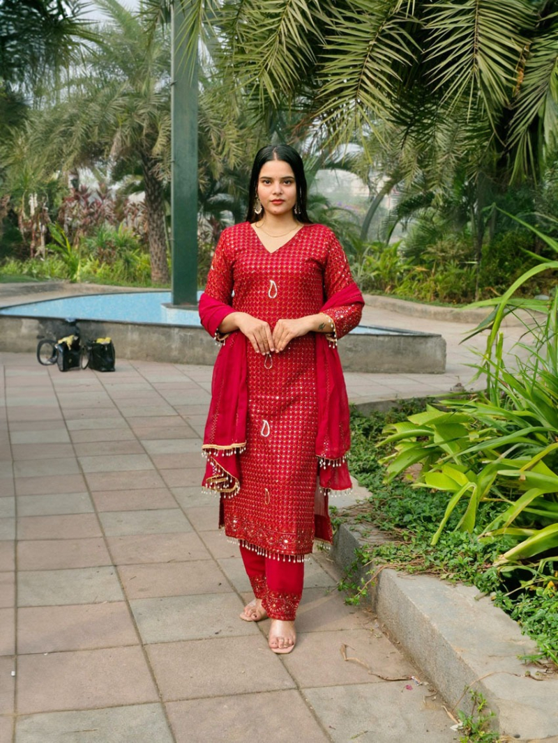 Elegant Authentic Rich Red Georgette Straight Suit