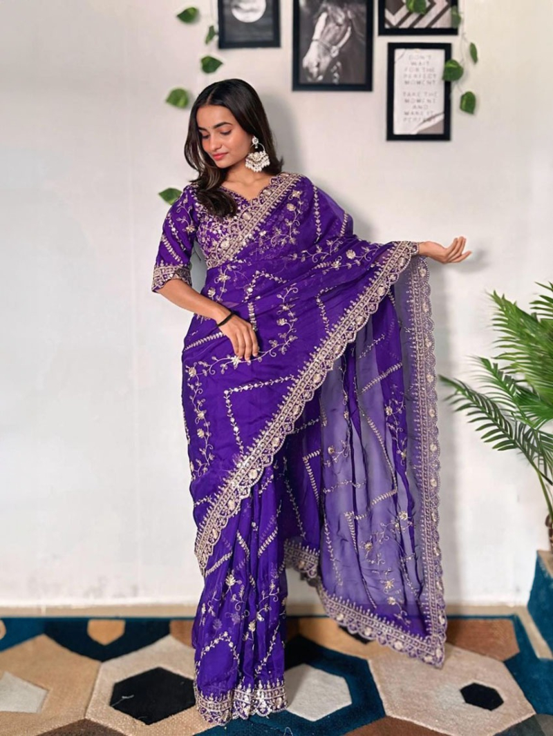 Royal Purple Tabby Organza Silk Saree