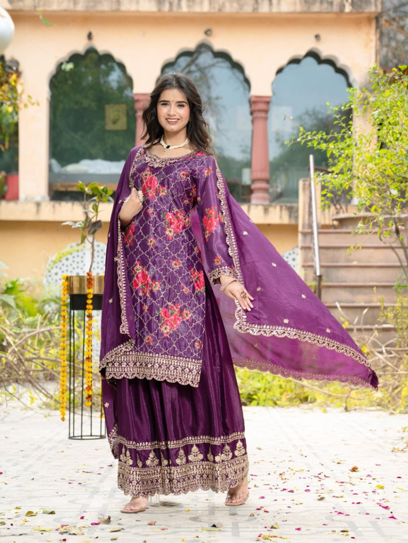 Ethnic Traditional Deep Purple Plazo Suit