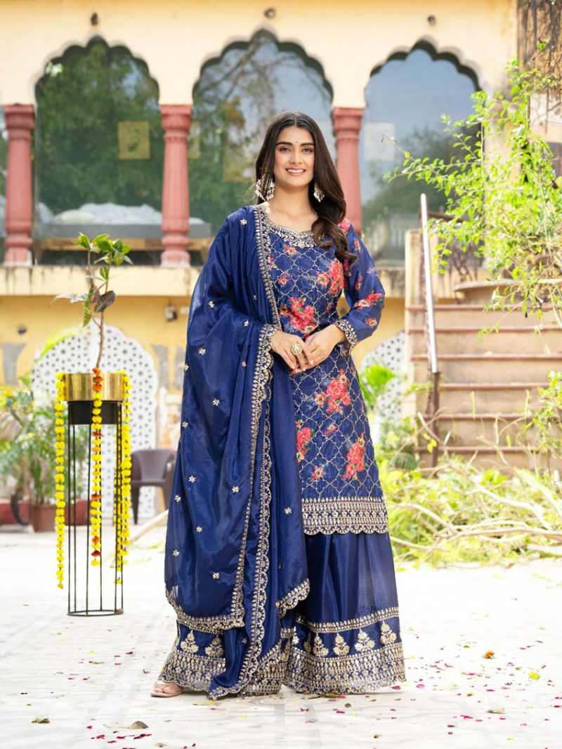 Elegant Traditional Navy Blue Plazo Suit