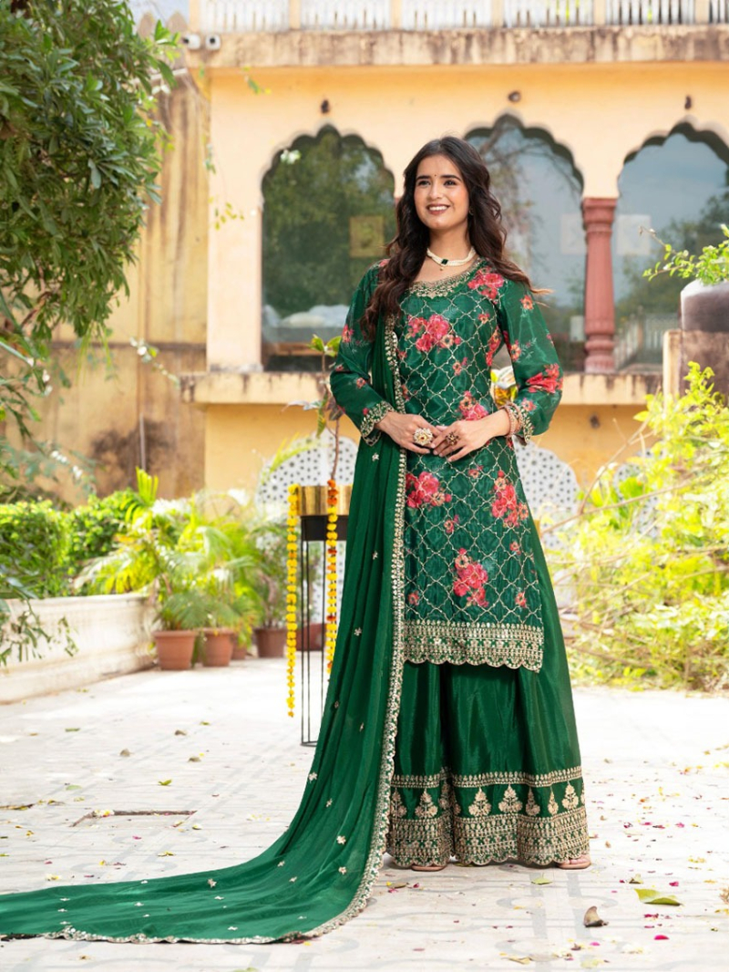 Ethnic Traditional Festive Bottle Green Plazo Suit