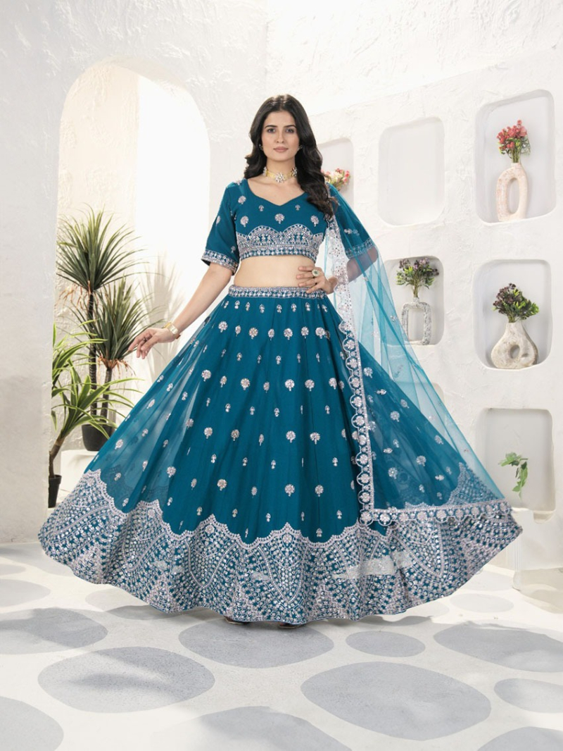 Elegant Teal Embroidered Faux Georgette Lehanga Suit