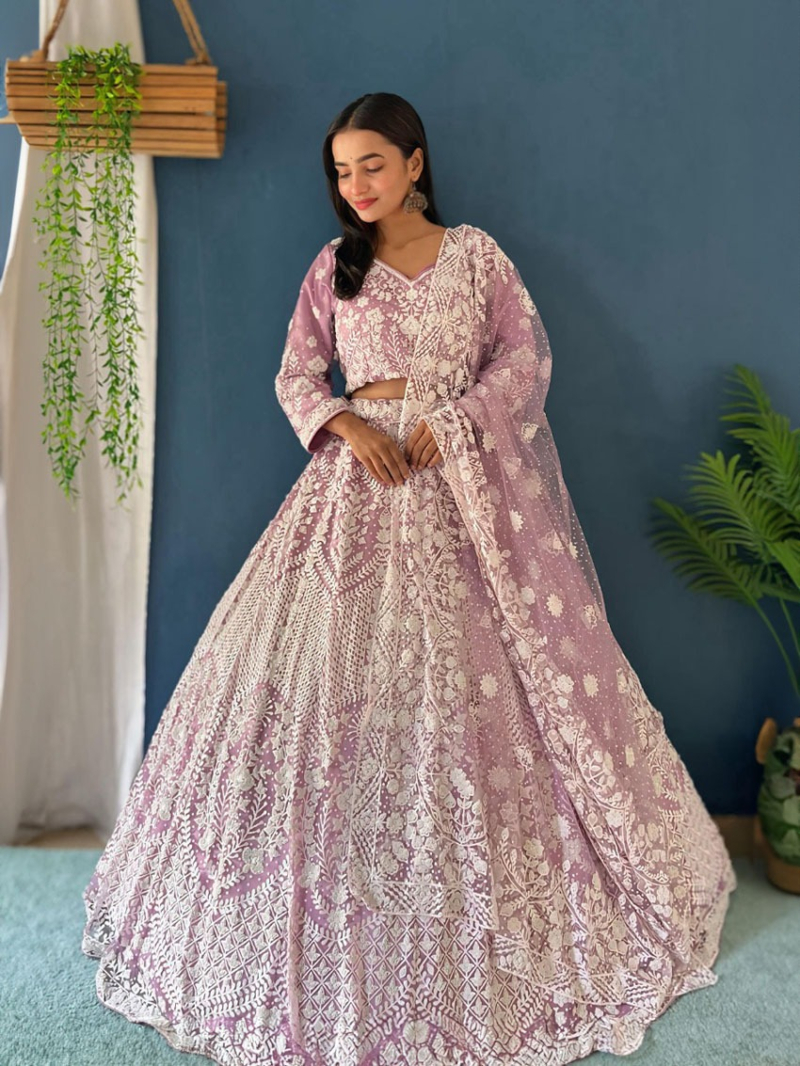 Elegant Baby Pink Mono Net Lehanga Suit