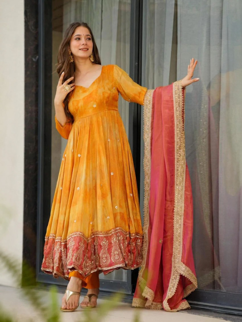 Traditional Ethnic Orange Yellow Dual tone Anarkali Suit