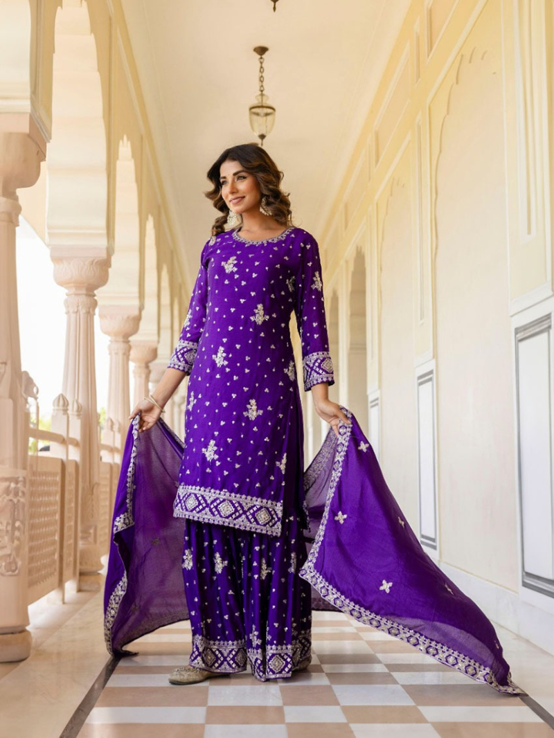Ethnic Elegant Purple Chinnon Silk Sharara Suit