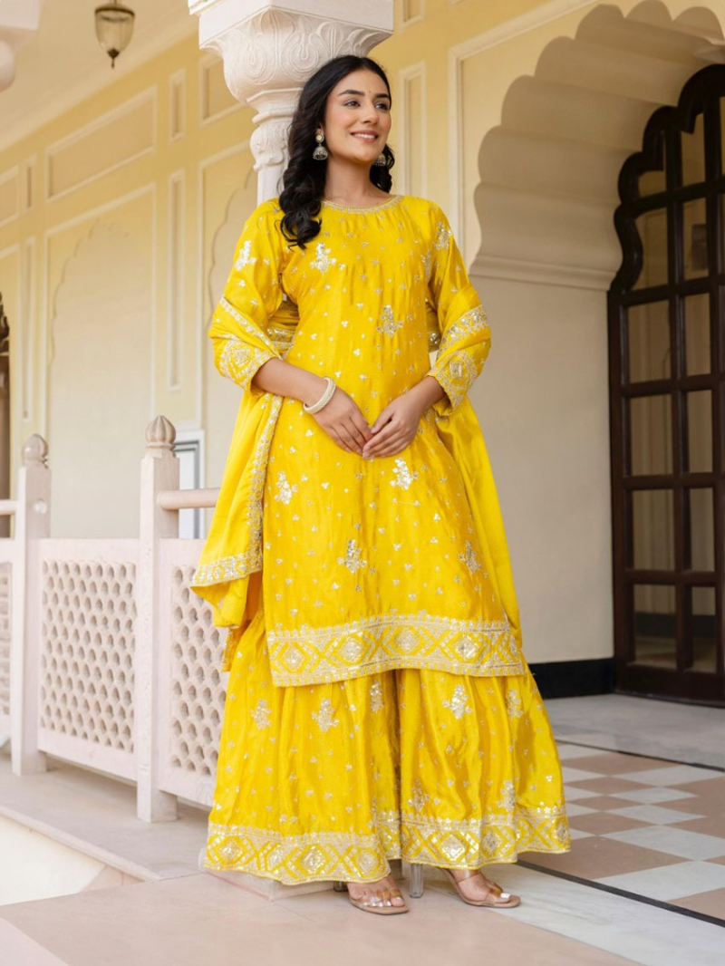 Ethnic Traditional Festive yellow Chinnon Silk Sharara Suit