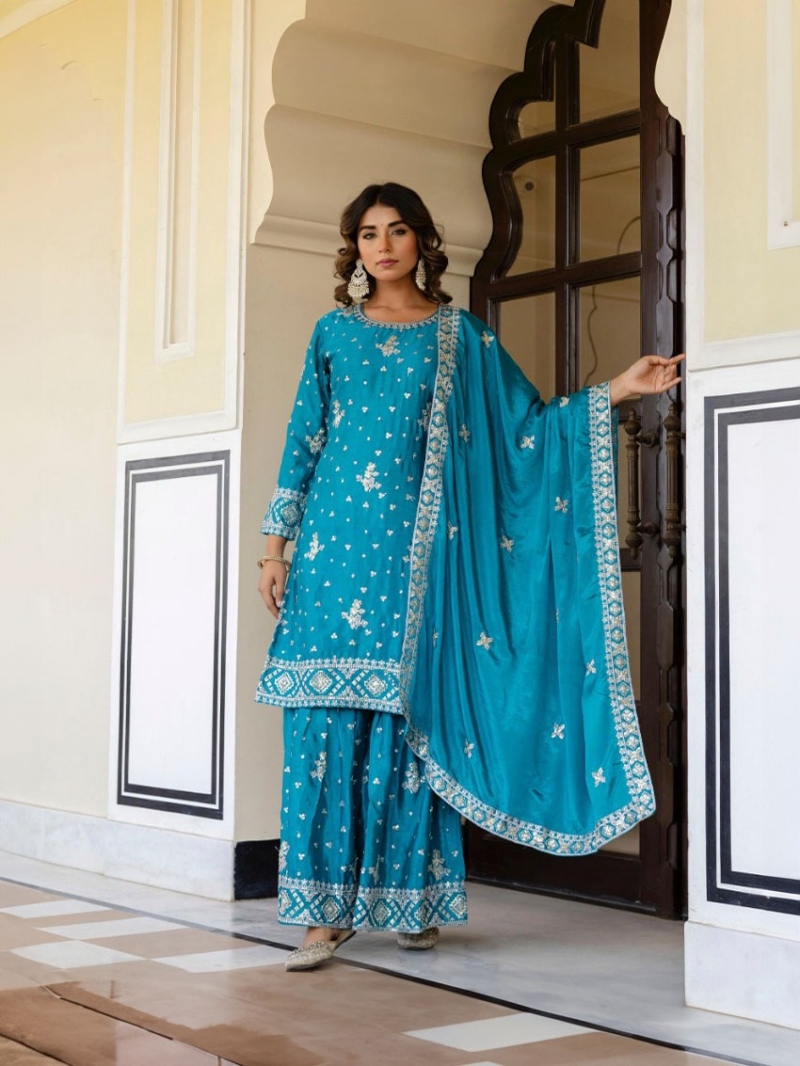 Traditional Festive Rama Green Chinnon Silk Sharara Suit