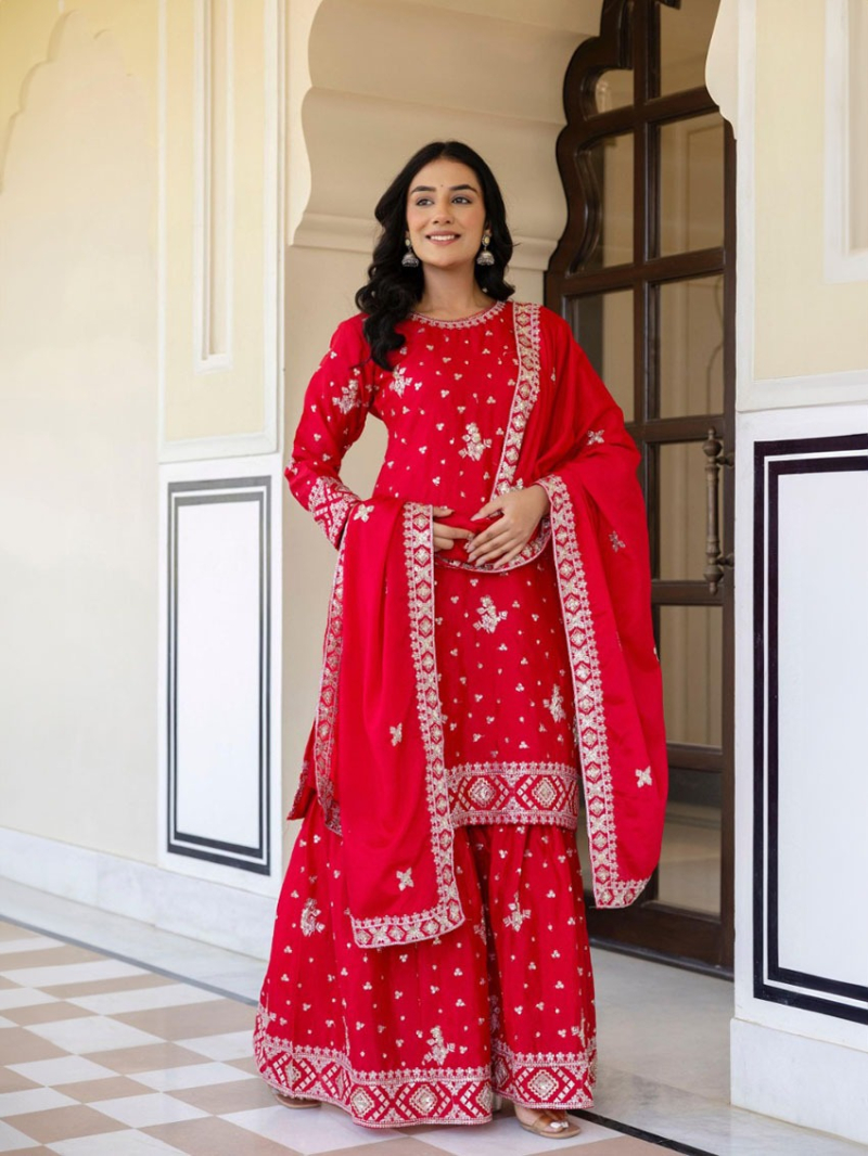 Elegant Ethnic Festive Red Chinnon Silk Sharara Suit