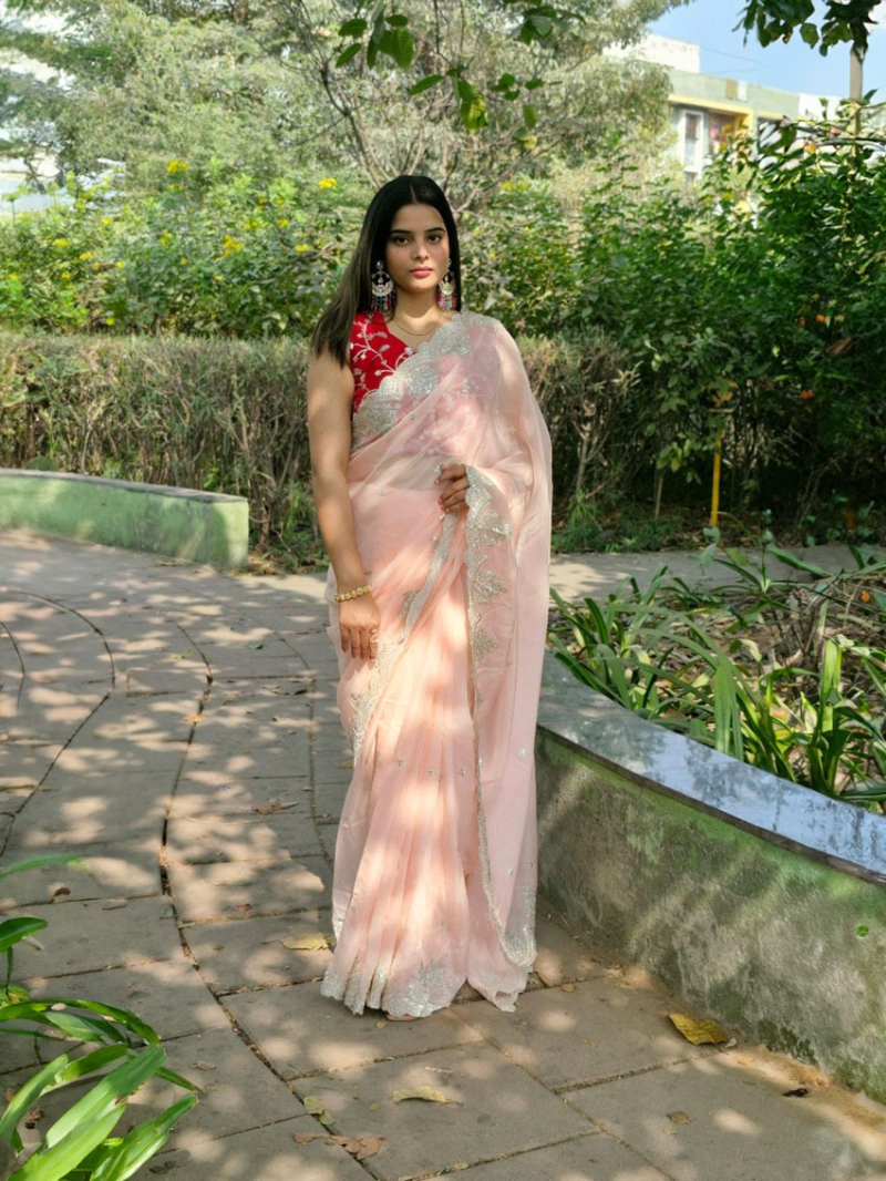 Authentic Peach Tabby Organza Silk Saree