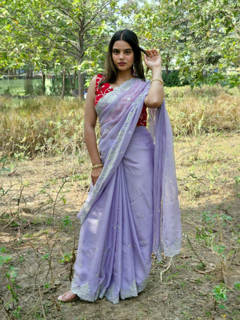 Beautiful Lavender Tabby Organza Silk Saree
