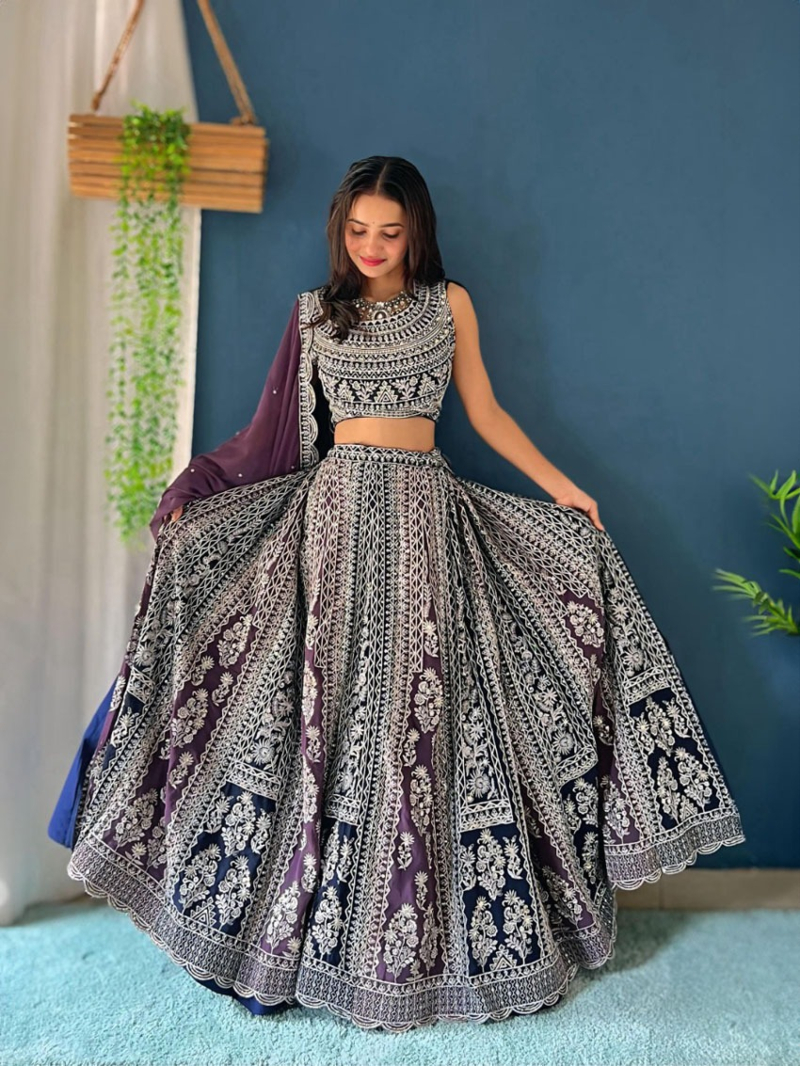 Elegant Purple & Navy Embroidered Faux Georgette Lehanga Suit