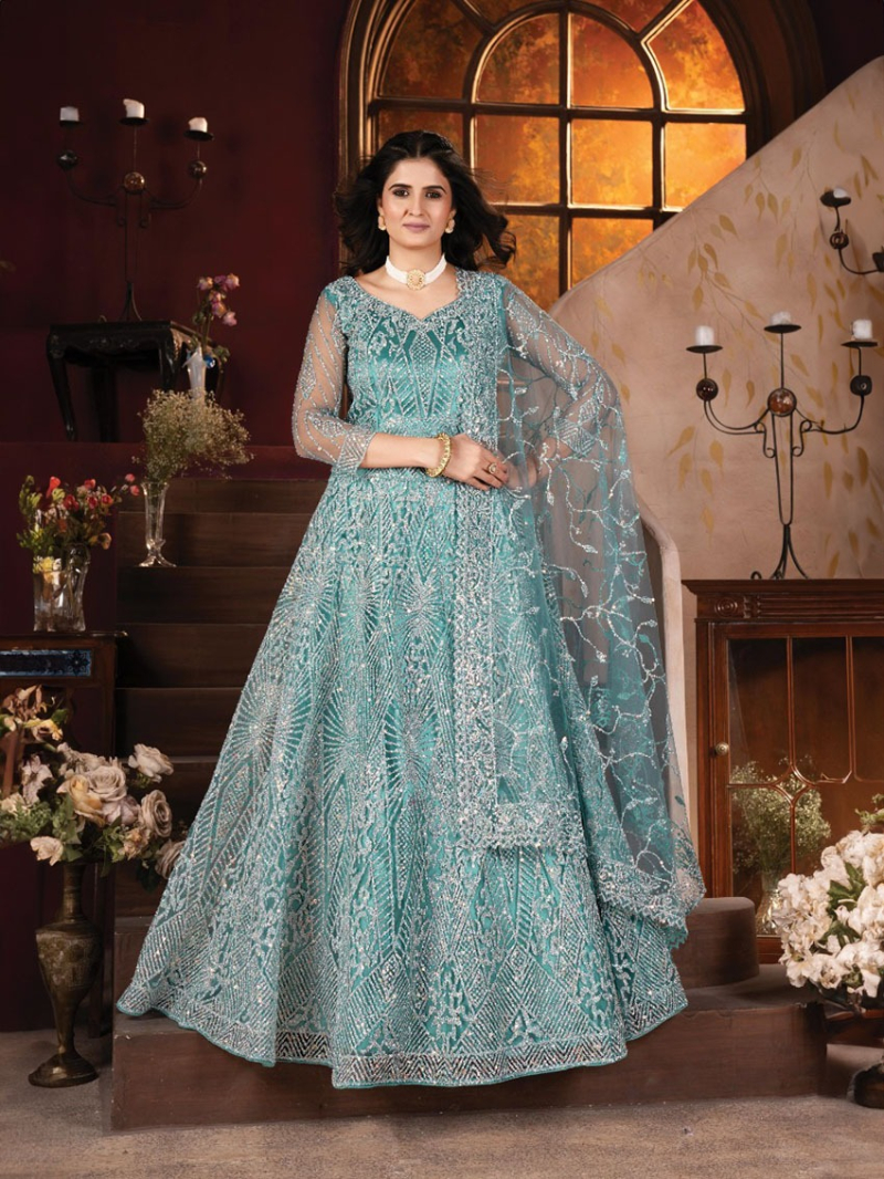 Elegant Aqua Blue Heavy Net Lehanga Suit