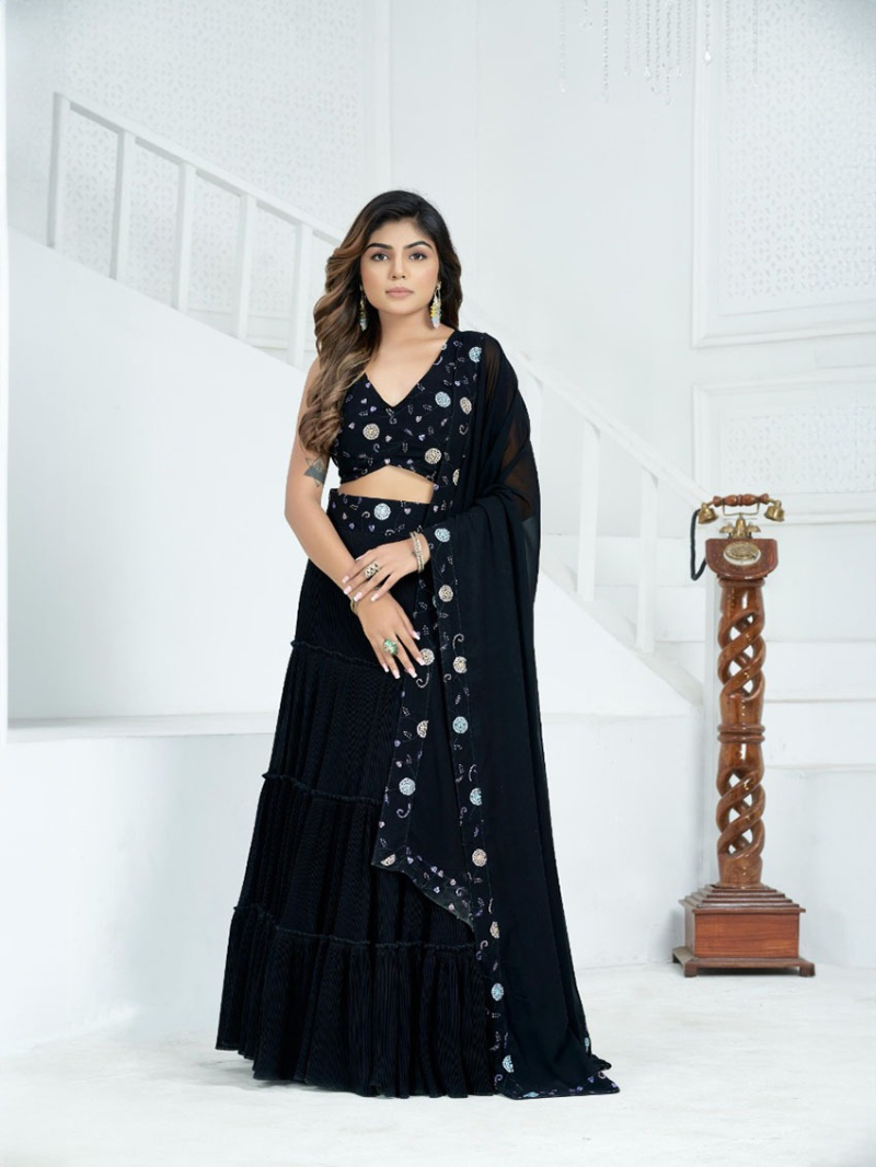 Elegant Ethnic Black Faux Georgette Lehanga Suit