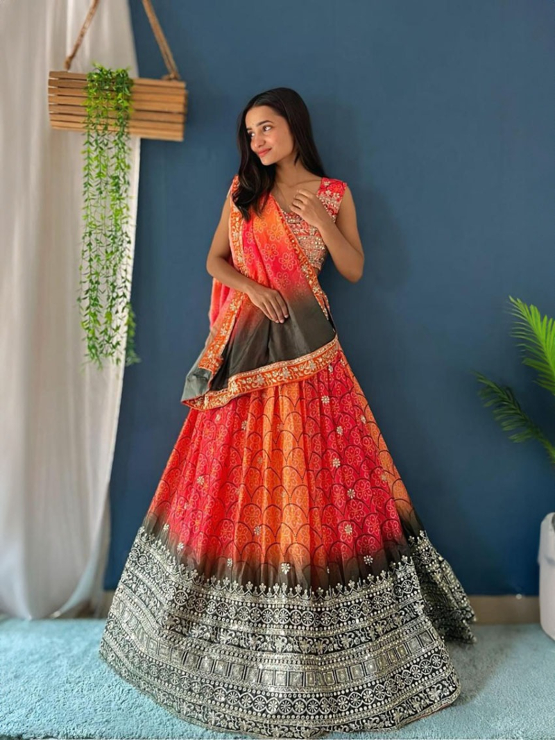 Sunset Orange Chinon Silk Lehanga Suit
