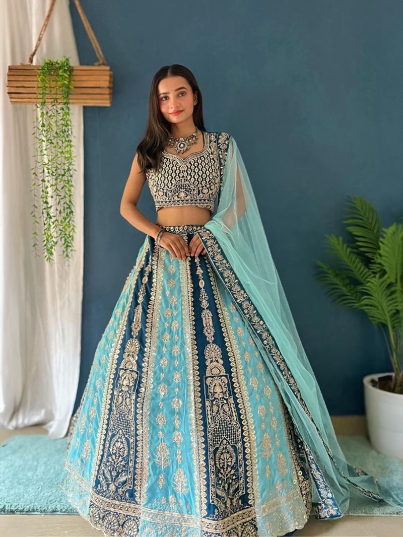 Ethnic Aqua Blue Faux Georgette Lehanga Suit