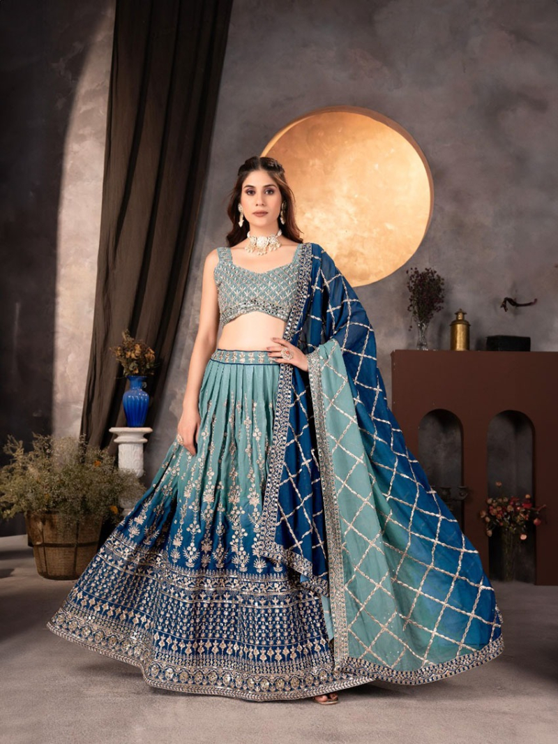 Teal & Navy Faux Georgette Lehanga Suit