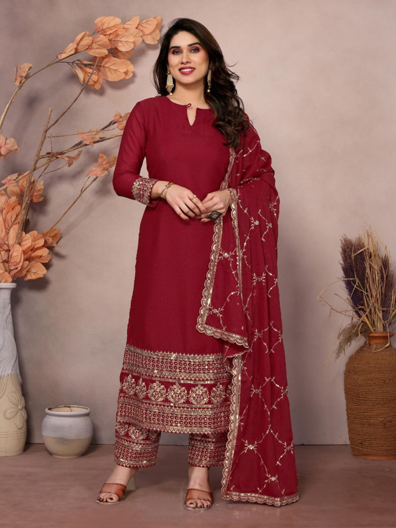 Traditional Elegant Maroon Embroidered Straight Suit