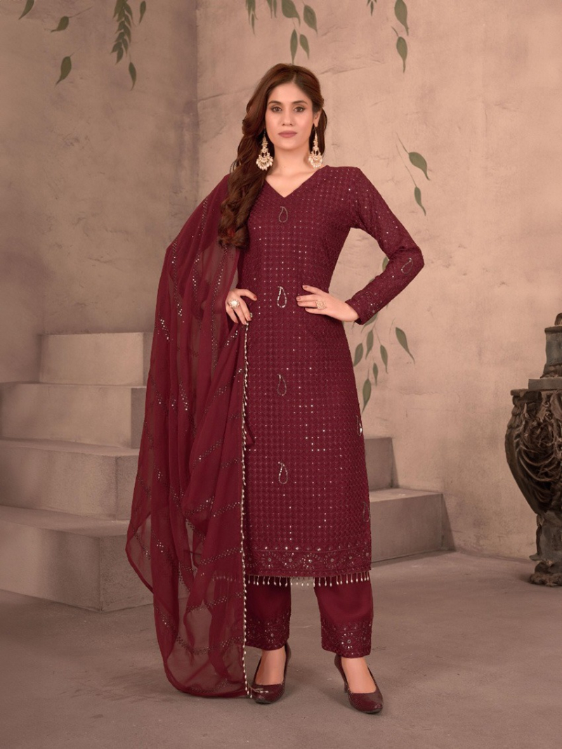 Authentic Elegant Maroon Georgette Straight Suit